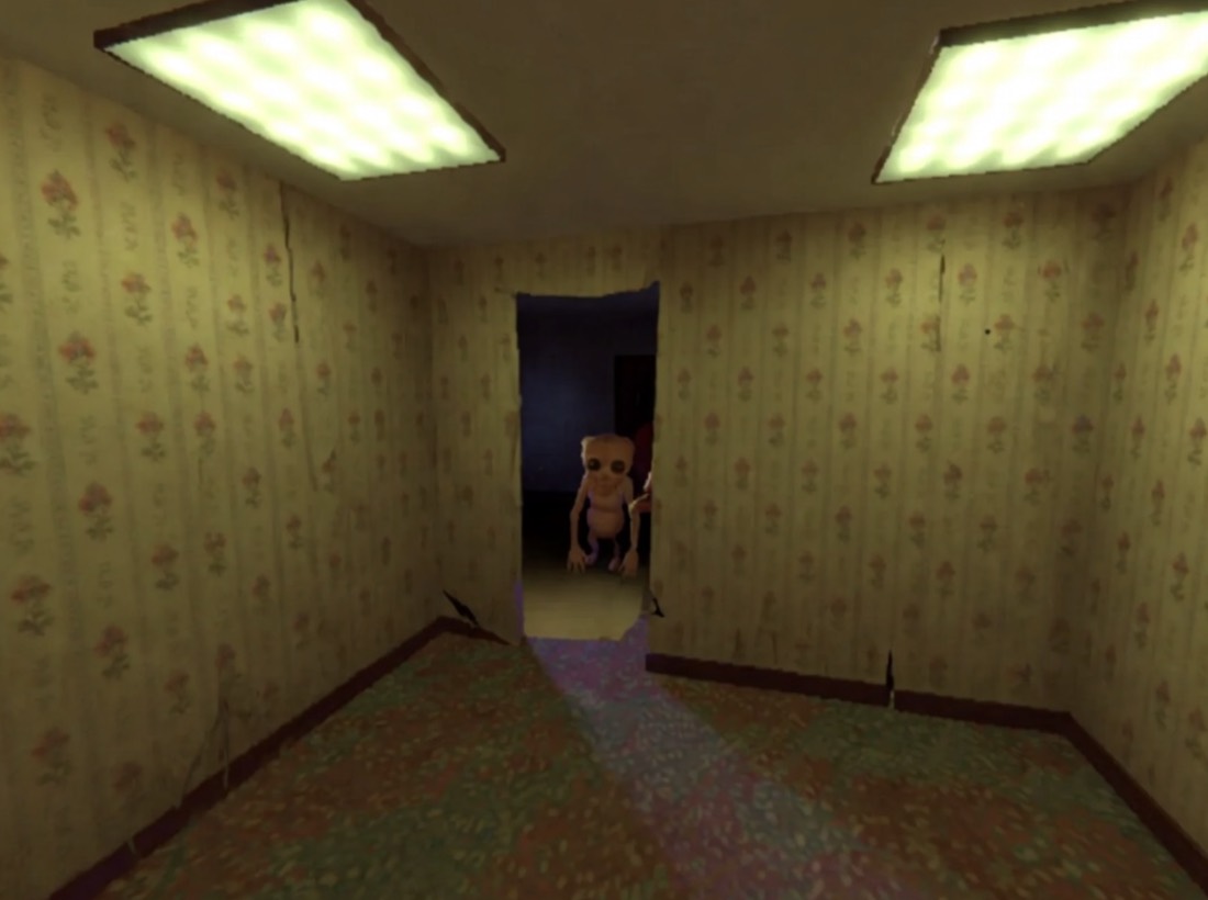 a small pale figure crouched in a lit doorway at the end of a wallpapered room
