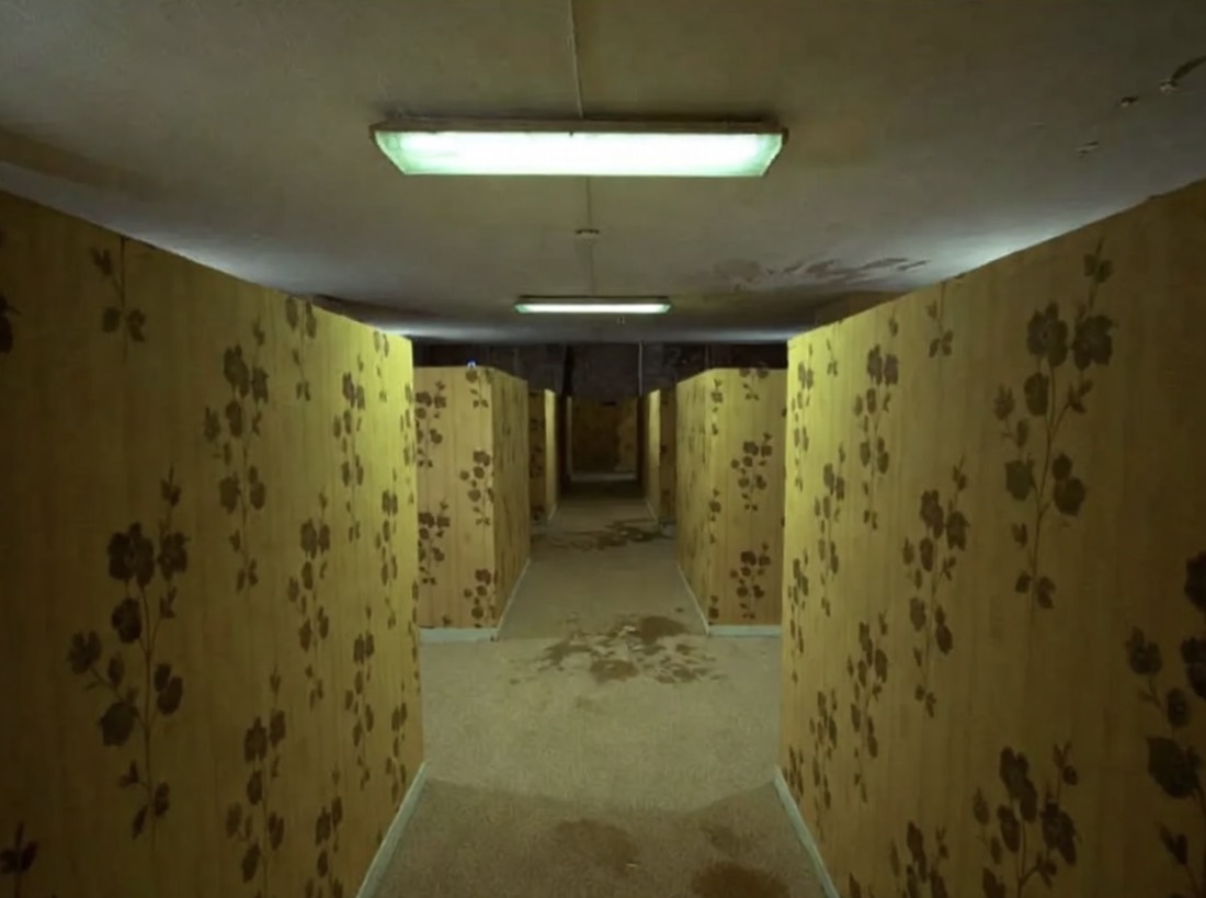 a maze of yellow floral-wallpaper partitions under fluorescent light