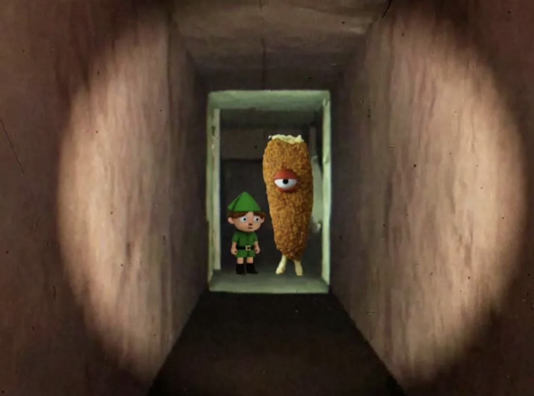 a small figure in a green cap standing beside a tall one-eyed fried creature in a doorway