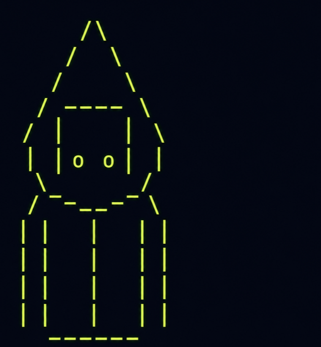 the hooded terminal: a hooded figure drawn in glowing dashed strokes, two round eyes on a screen inside the hood